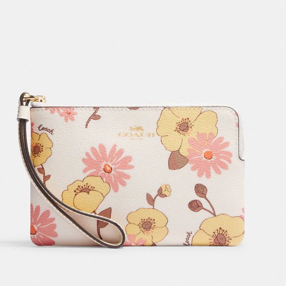 🌸 Coach Corner Zip Wristlet With Floral Cluster Print Gold/Chalk Multi - Picture 2 of 10